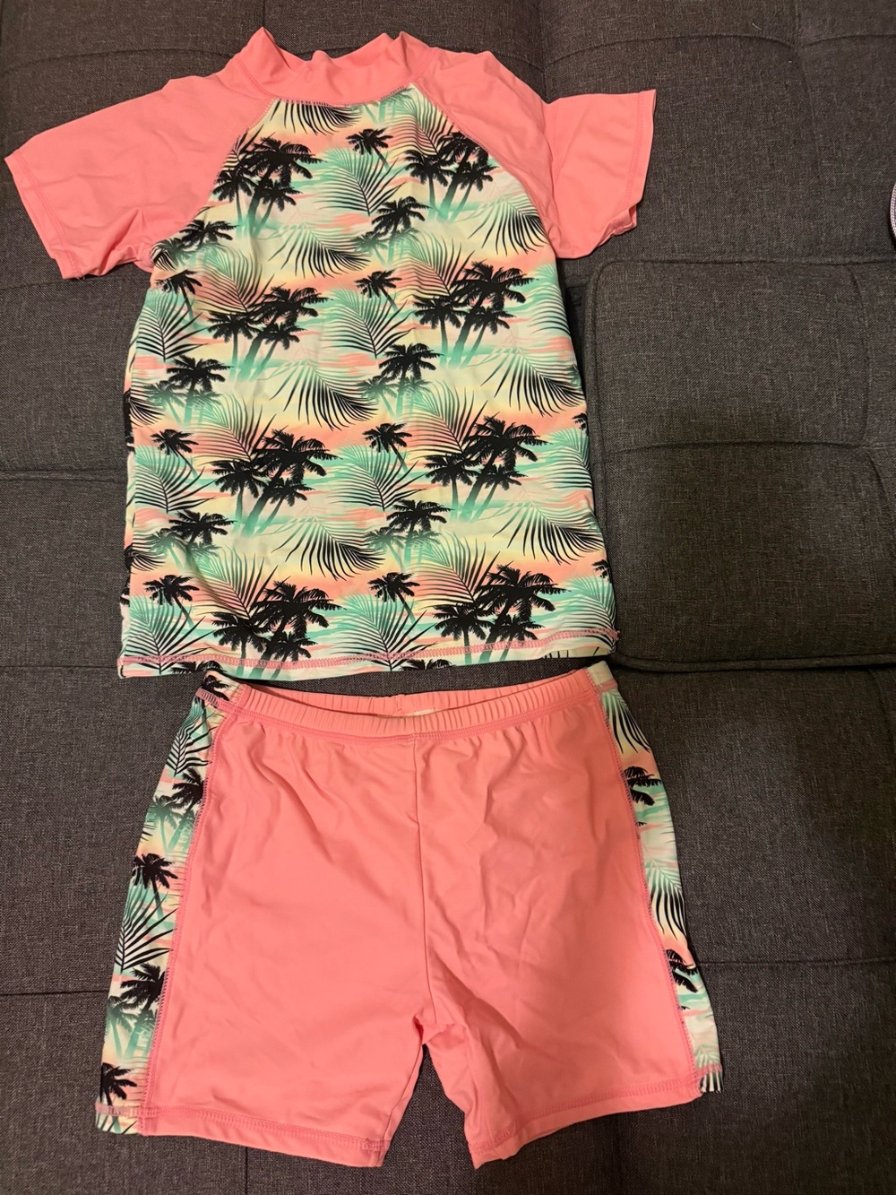 Girls' Tropical Palm Rash Guard Set in Coral & Mint